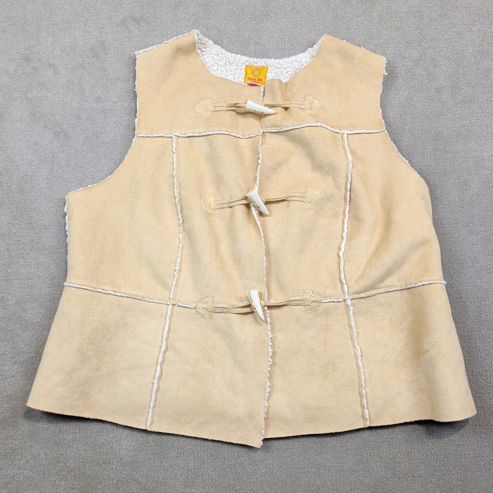 Ruby Rd Western Faux Suede Sherpa Lined Toggle Vest 16W Tan Boho Cabin Rustic